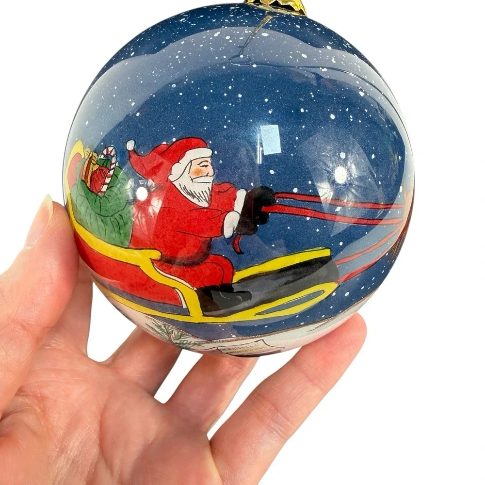 Pier 1 Li Bien 1999 Christmas Ornament Ball Santa Sleigh Hand Painted Cabin